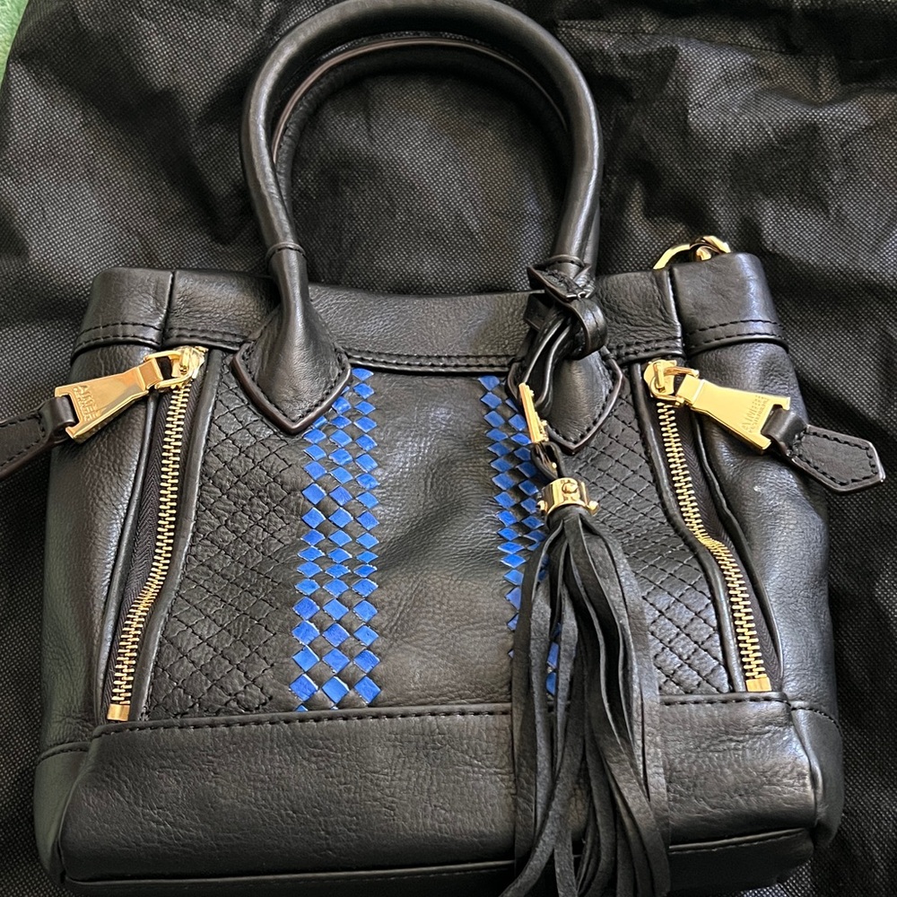 Black Leather handbag with Blue Accent and Tassel